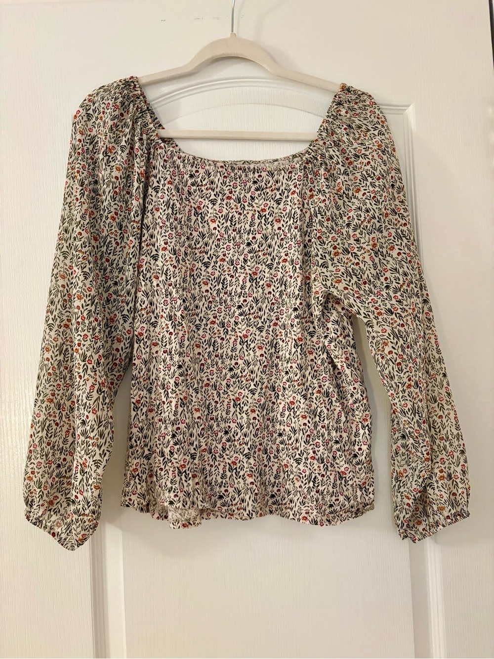 LOFT Cream Floral Square-Neck Blouse with Orange and Green Accents